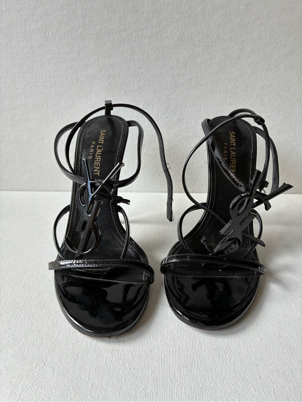 Saint Laurent Black Patent Leather Strappy Heels with YSL Logo size 36